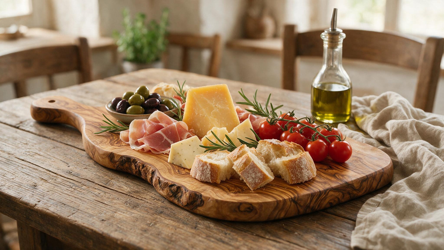 Olive wood serving and antipasti board styled with cheese, olives and bread