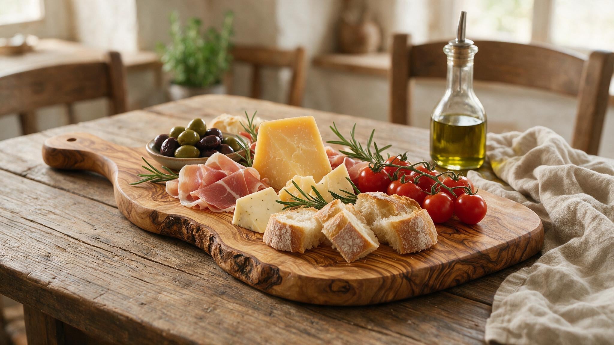 Olive wood serving and antipasti board styled with cheese, olives and bread