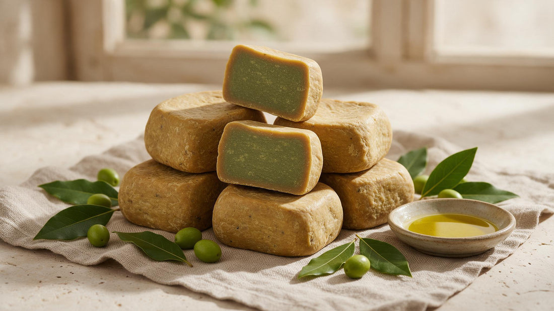 Stacked traditional Aleppo soap bars cut to show the olive-green interior, with bay laurel leaves and olives