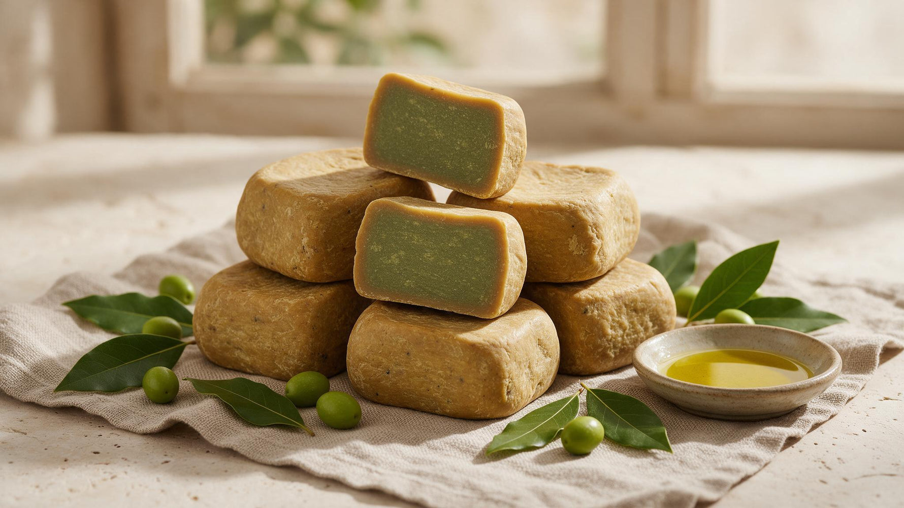 Stacked traditional Aleppo soap bars cut to show the olive-green interior, with bay laurel leaves and olives