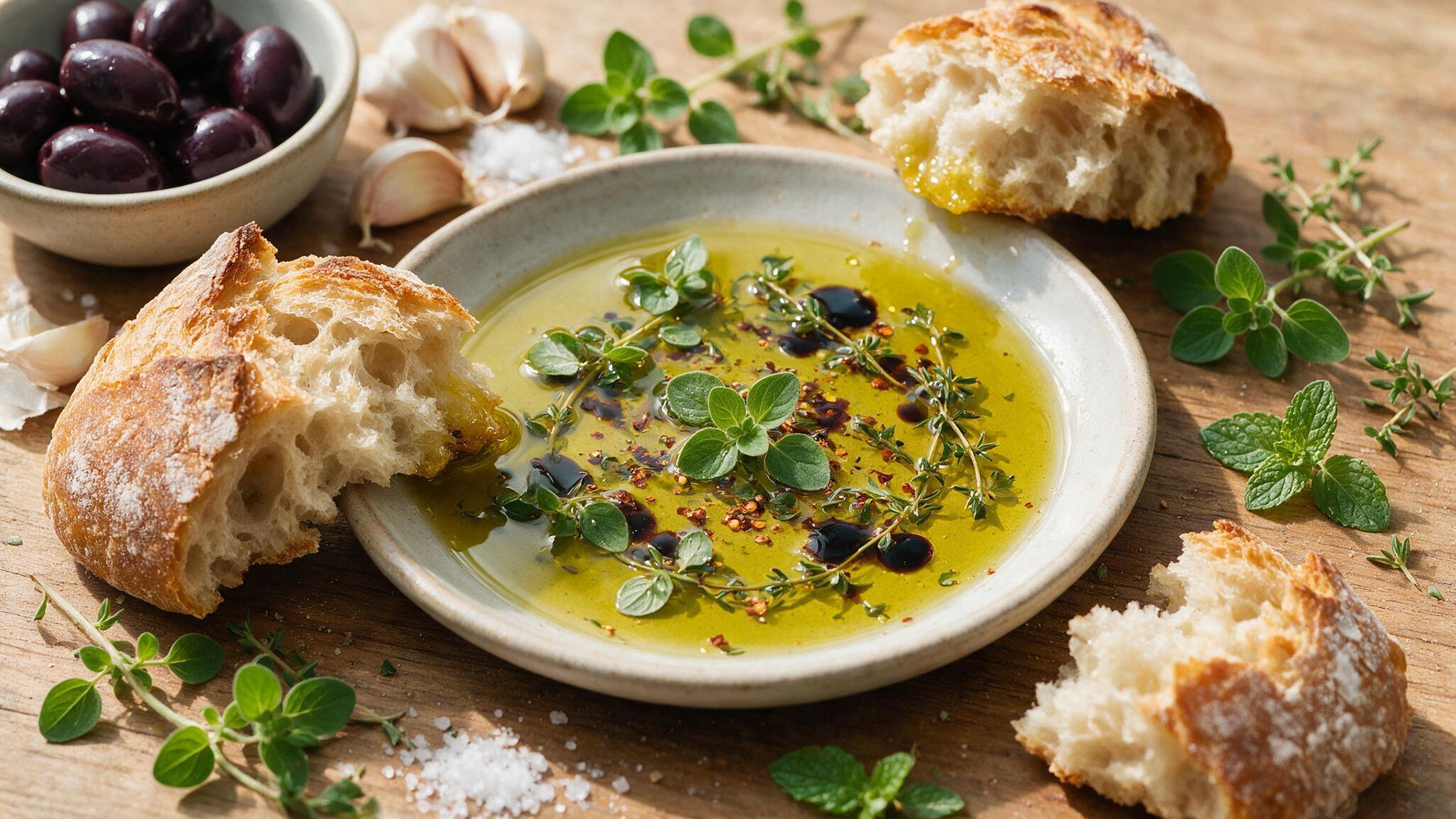 Shallow dish of green-gold extra virgin olive oil with herbs and chilli flakes, torn crusty bread and a bowl of black Kalamata olives on a rustic wooden table