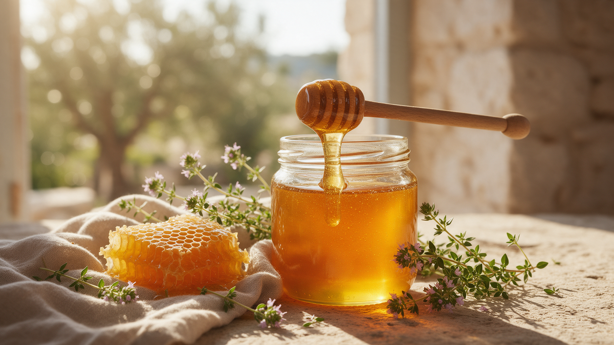 A jar of golden Greek thyme honey with a wooden dipper, honeycomb and fresh thyme sprigs in warm Mediterranean light