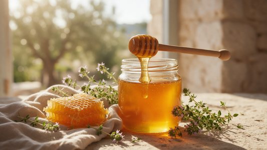 A jar of golden Greek thyme honey with a wooden dipper, honeycomb and fresh thyme sprigs in warm Mediterranean light
