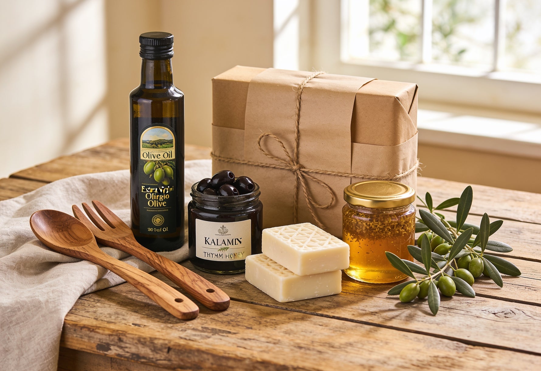 Mediterranean gift set with olive oil, olives, thyme honey, soap bars and olive wood utensils on a wooden table