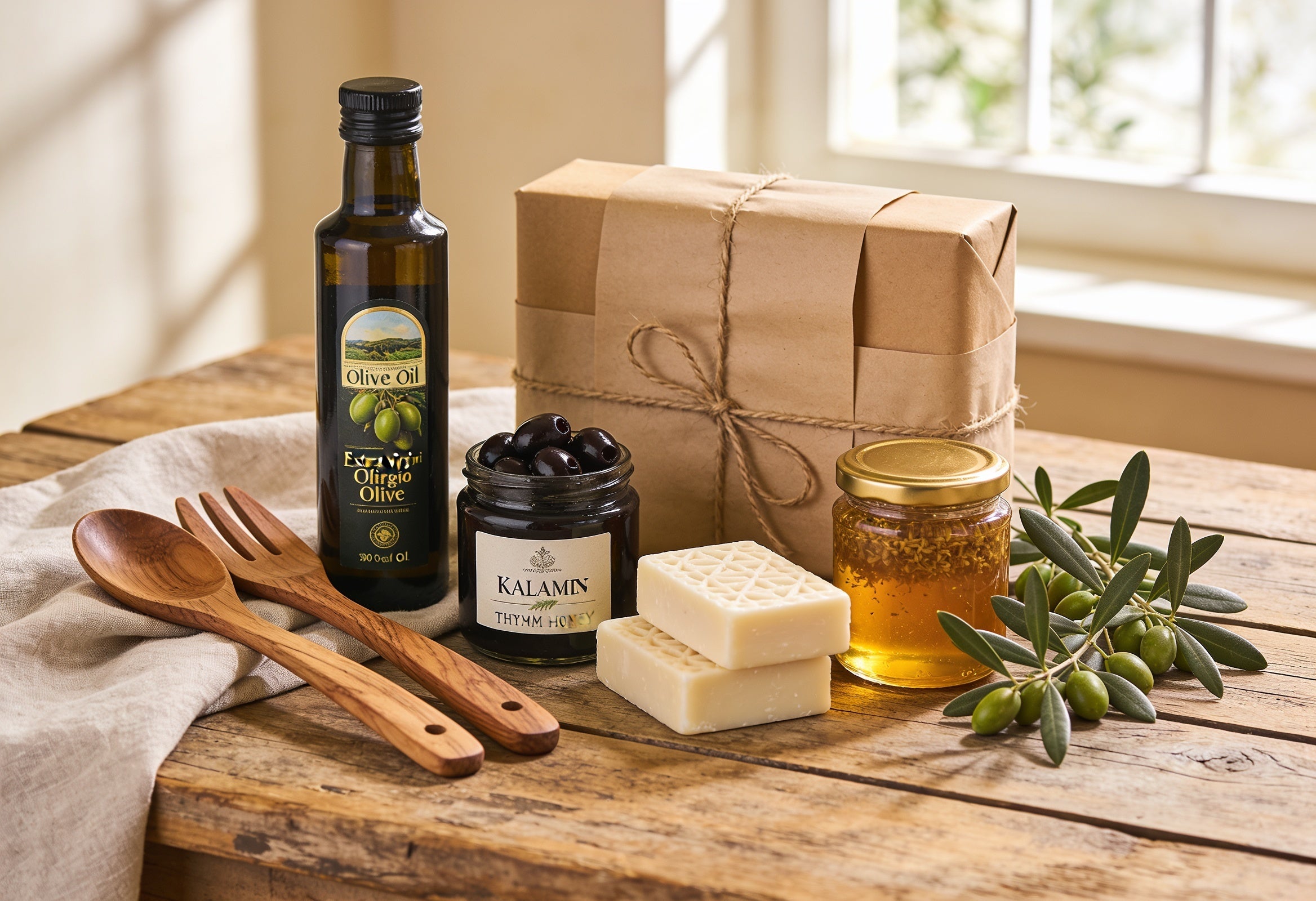 Mediterranean gift set with olive oil, olives, thyme honey, soap bars and olive wood utensils on a wooden table