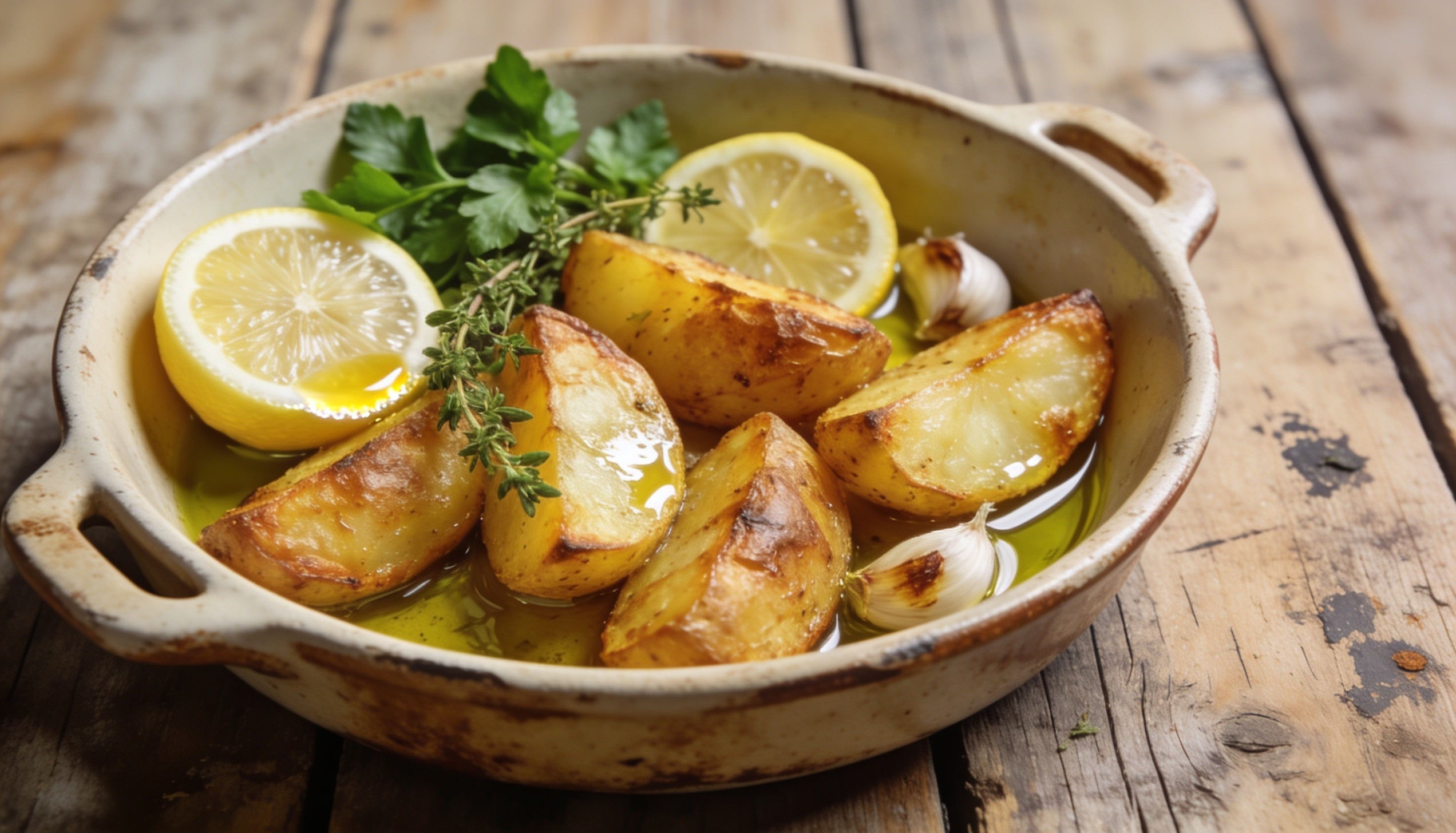 Golden Greek lemon potatoes roasted in olive oil with lemon and oregano in a rustic baking dish