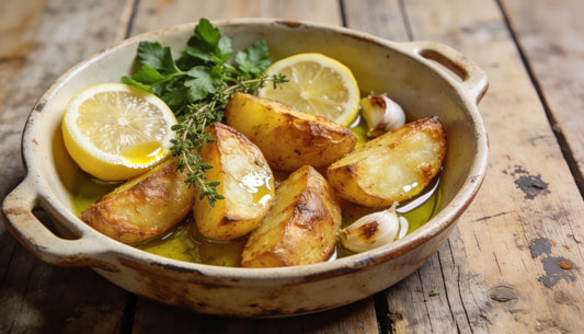 Golden Greek lemon potatoes roasted in olive oil with lemon and oregano in a rustic baking dish
