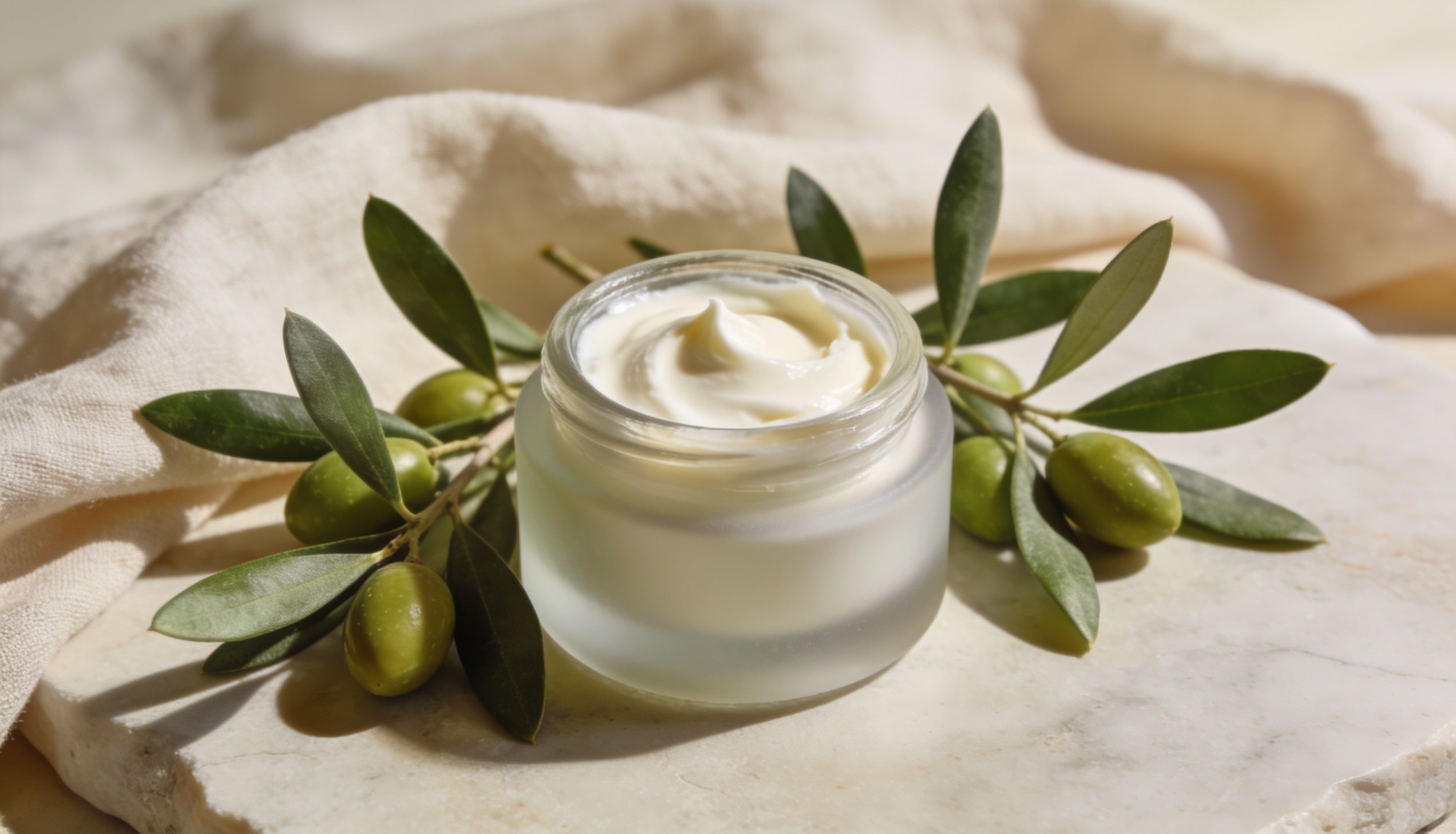 Natural antioxidant face cream with fresh olive leaves on a pale stone surface