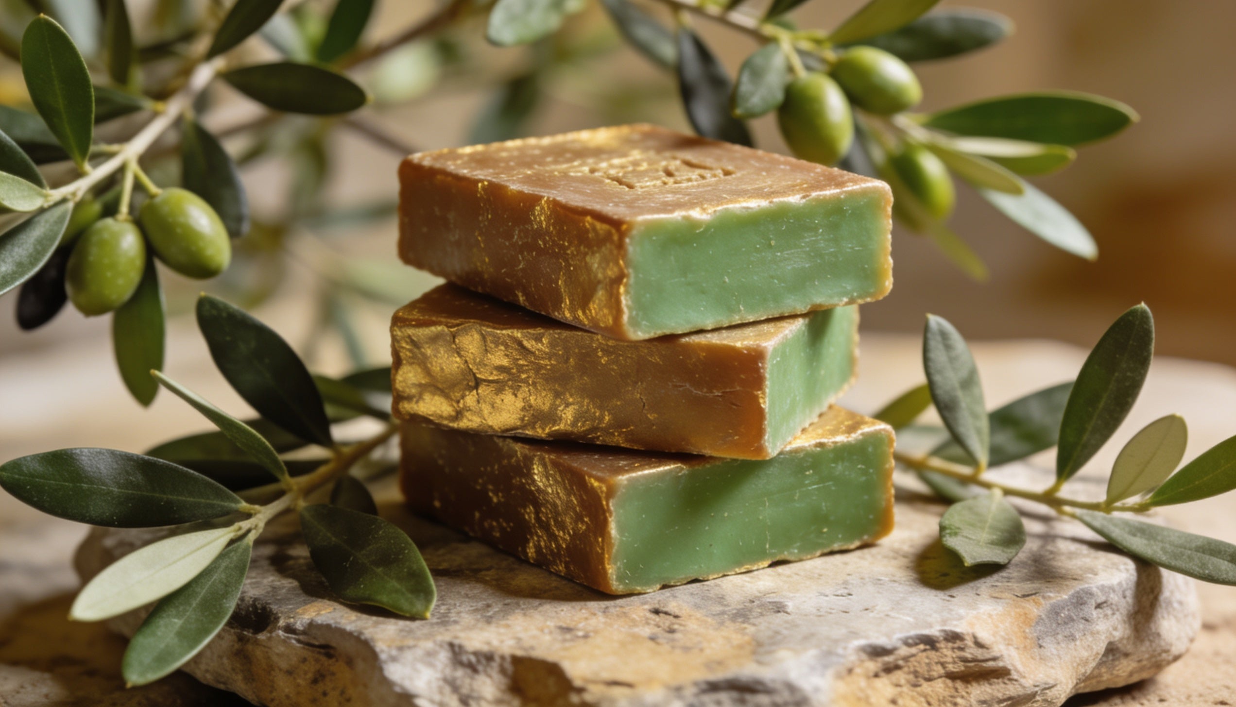 Stack of traditional Aleppo soap bars with olive branches and laurel leaves