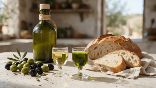 Two tasting glasses of extra virgin olive oil side by side, one pale golden and one deep green, with fresh olives on a stone counter