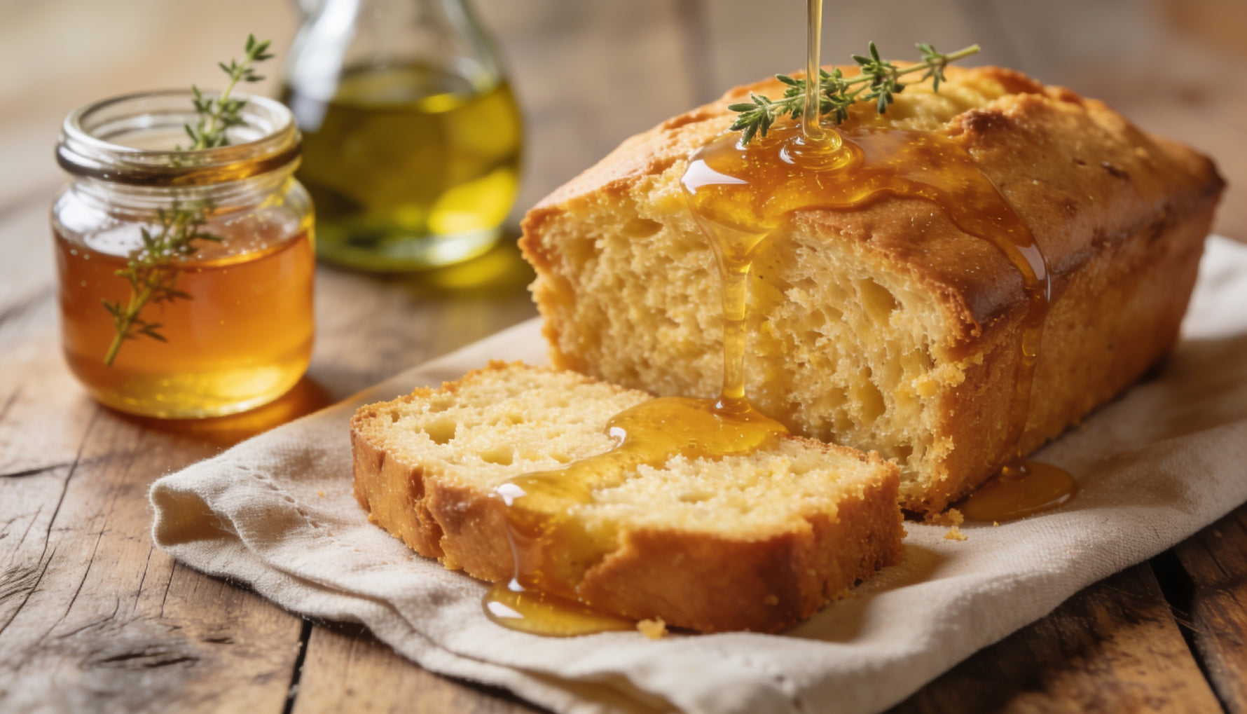 Sliced Greek olive oil and thyme honey cake on a rustic wooden table
