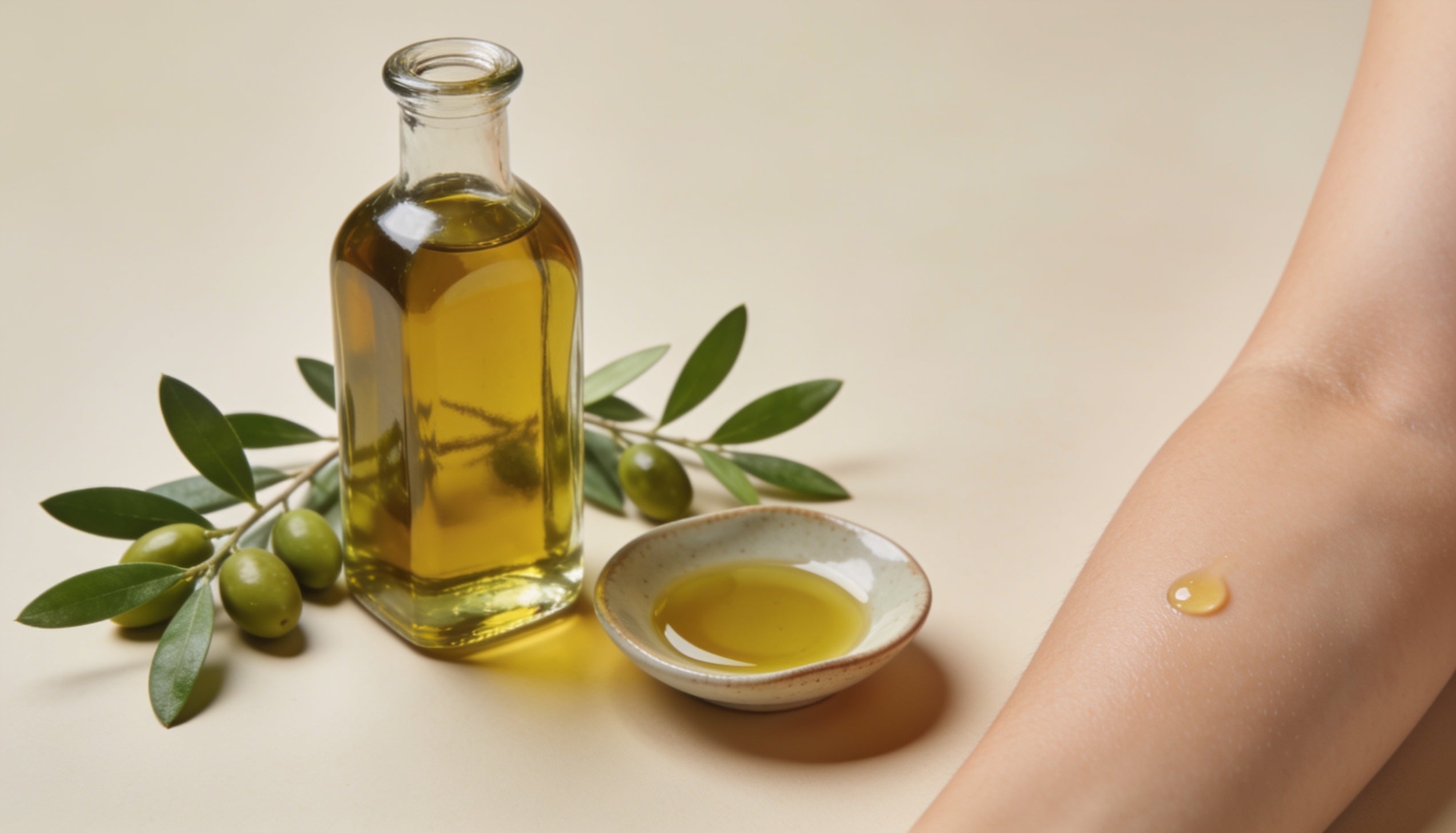 Glass bottle of extra virgin olive oil with fresh olive branches for natural skincare
