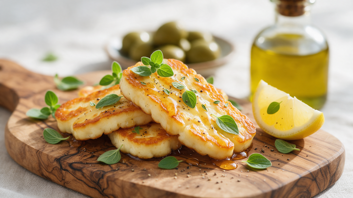 Golden pan-fried halloumi drizzled with thyme honey and olive oil, served on an olive-wood board with green olives