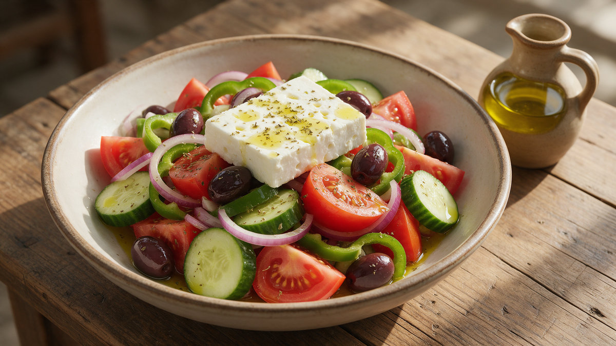 Authentic Greek village salad (horiatiki) with tomatoes, cucumber, Kalamata olives, feta and olive oil in a rustic bowl