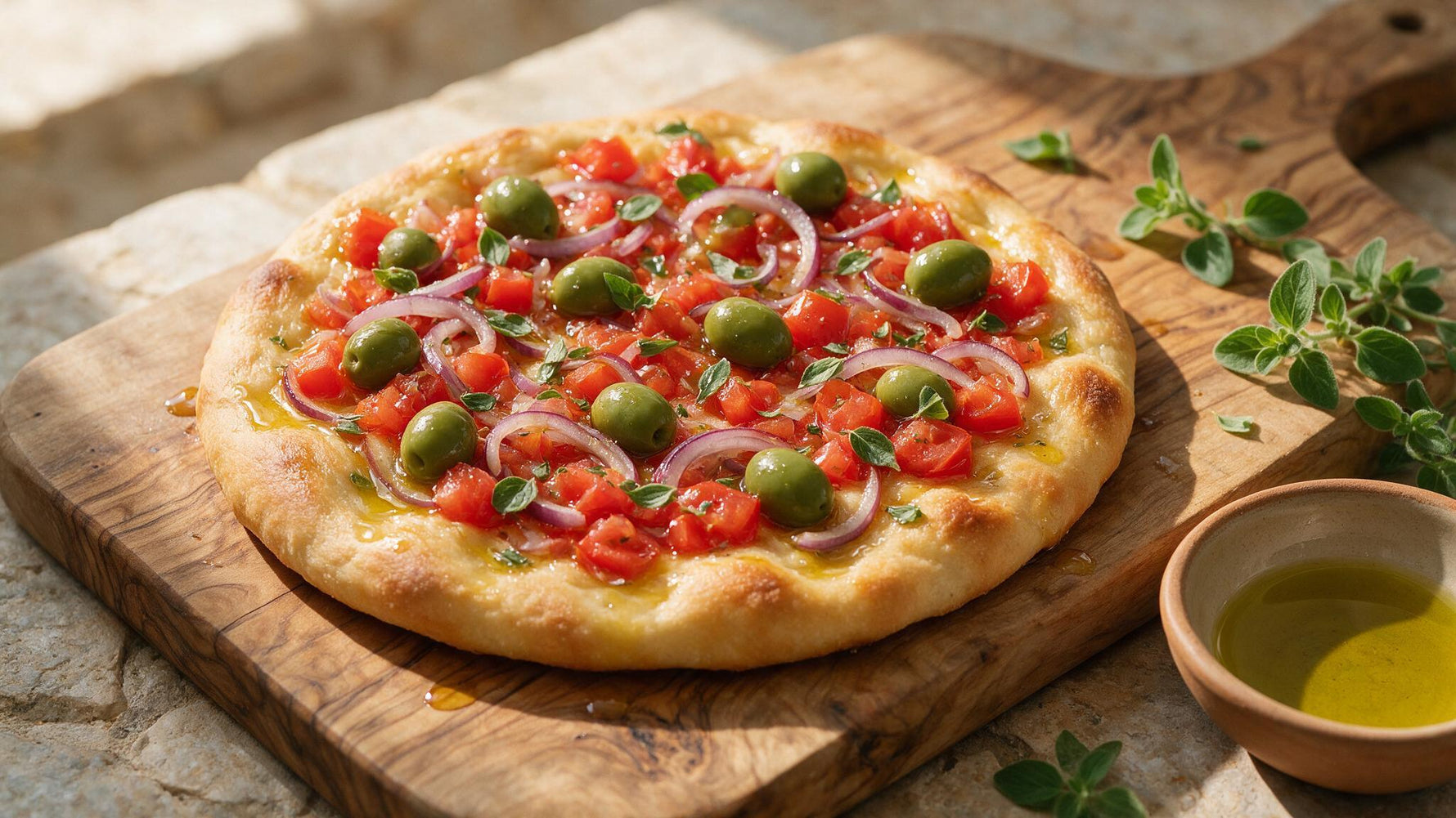 Greek ladenia olive oil flatbread topped with tomatoes, onions, green olives and oregano on an olive-wood board