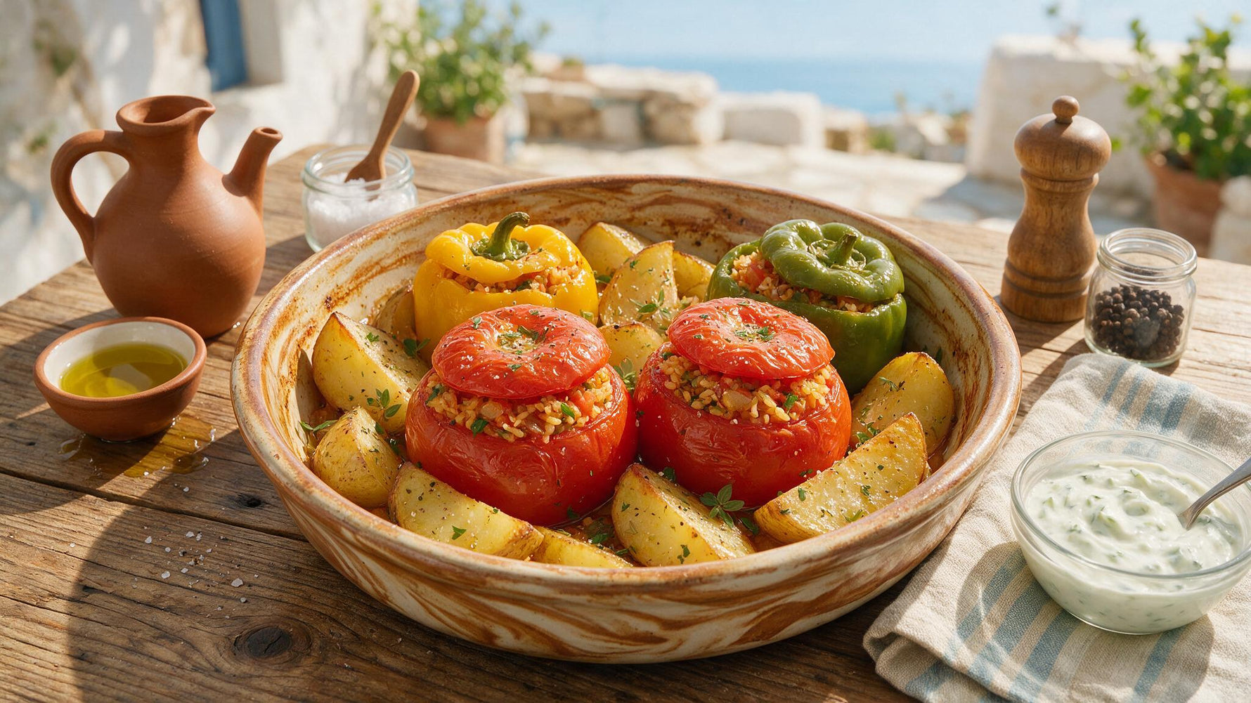 Greek gemista - baked stuffed tomatoes and peppers with herbed rice and olive oil