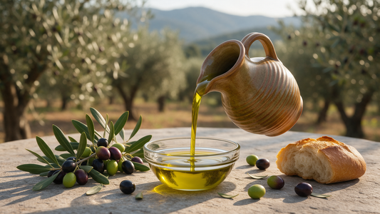 Naturally cloudy extra virgin olive oil being poured into a glass bowl on a sunlit Mediterranean table with olive branches and rustic bread