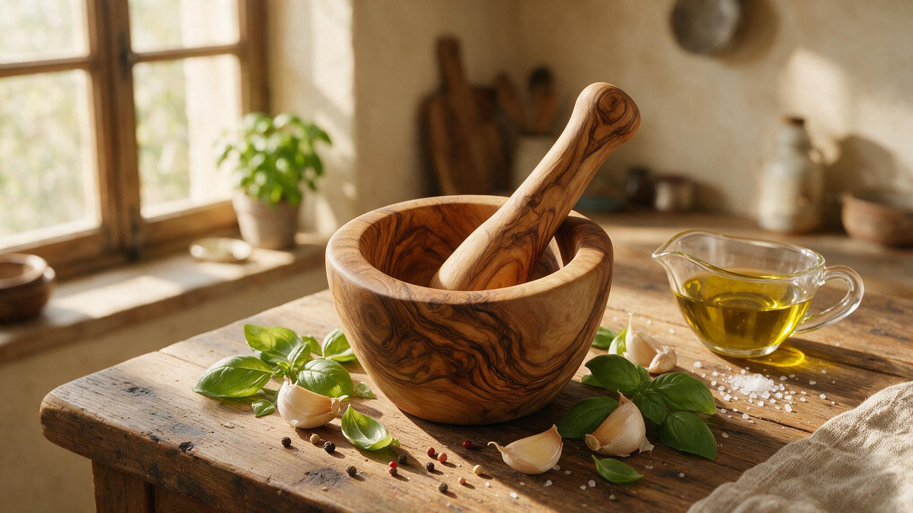Handmade olive wood mortar and pestle with fresh basil, garlic and peppercorns on a kitchen worktop