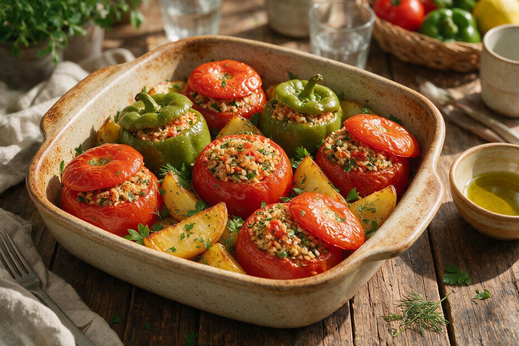 Greek gemista — stuffed tomatoes and peppers baked in olive oil in a rustic dish