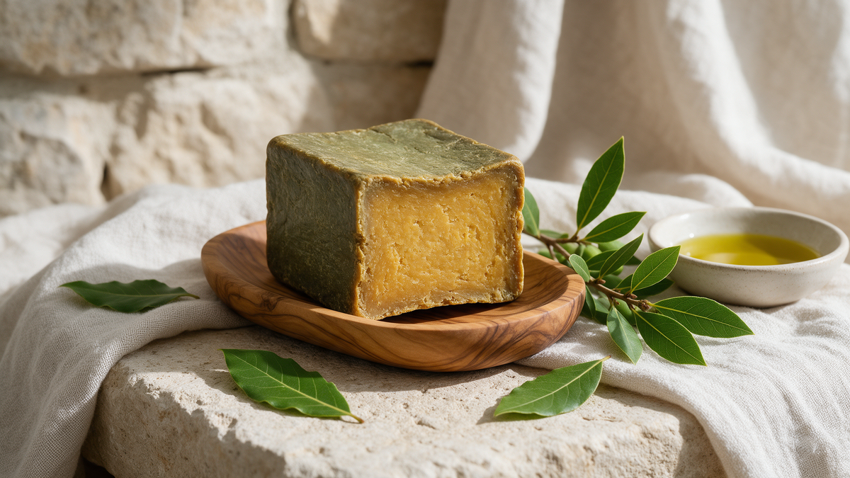 A hand-cut bar of traditional Aleppo soap on an olive-wood dish with an olive branch, laurel leaves and a bowl of olive oil
