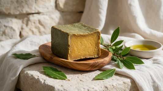 A hand-cut bar of traditional Aleppo soap on an olive-wood dish with an olive branch, laurel leaves and a bowl of olive oil