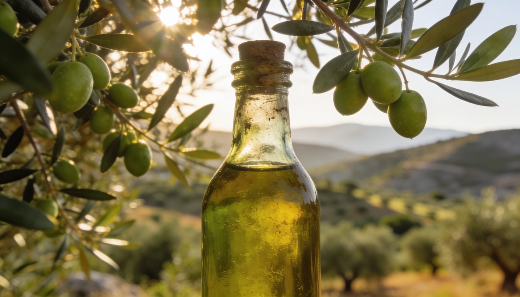 Bottle of extra virgin olive oil among olive branches in a Peloponnese grove
