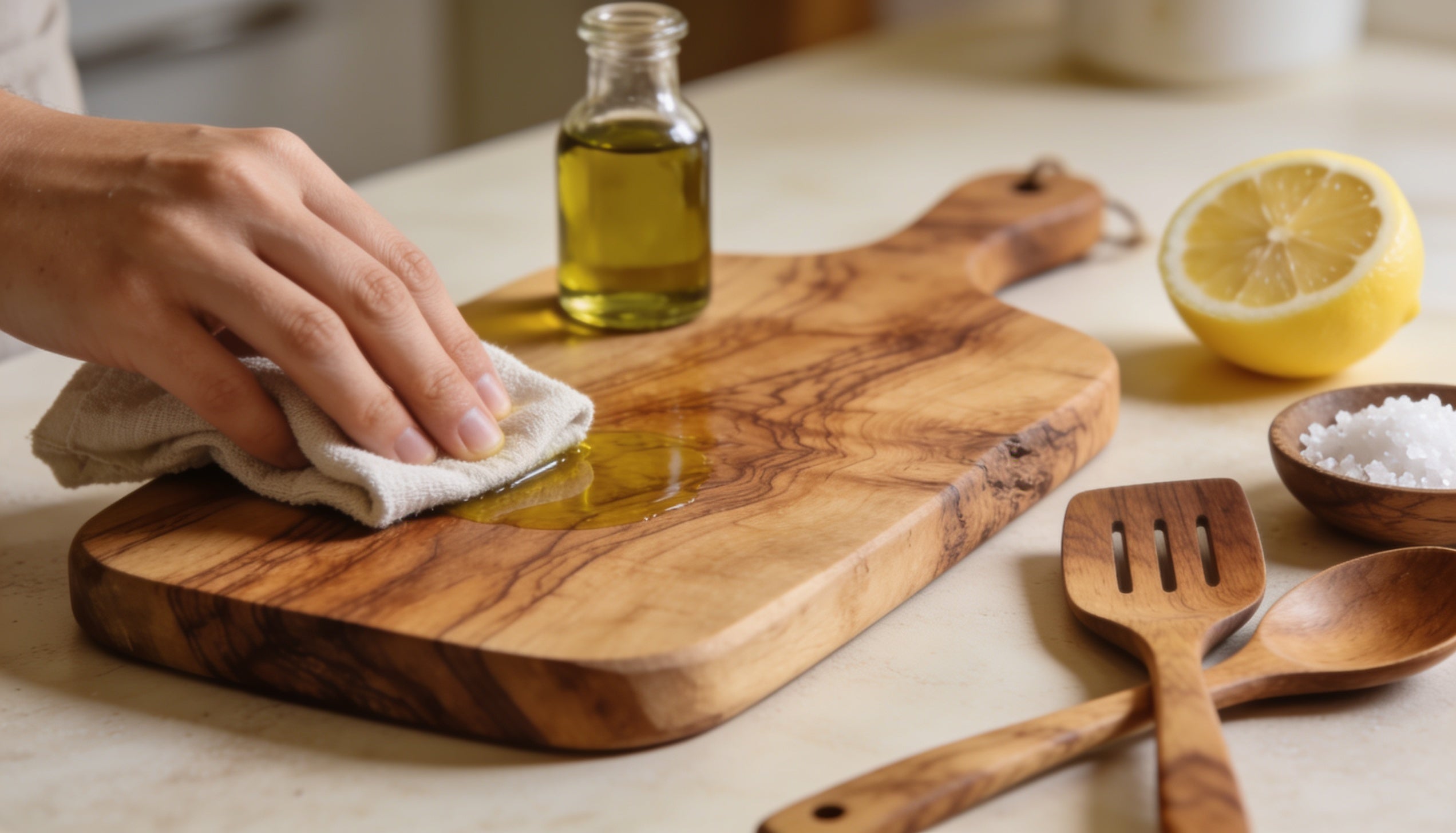 Olive wood cutting board being oiled with a cloth, next to olive wood utensils