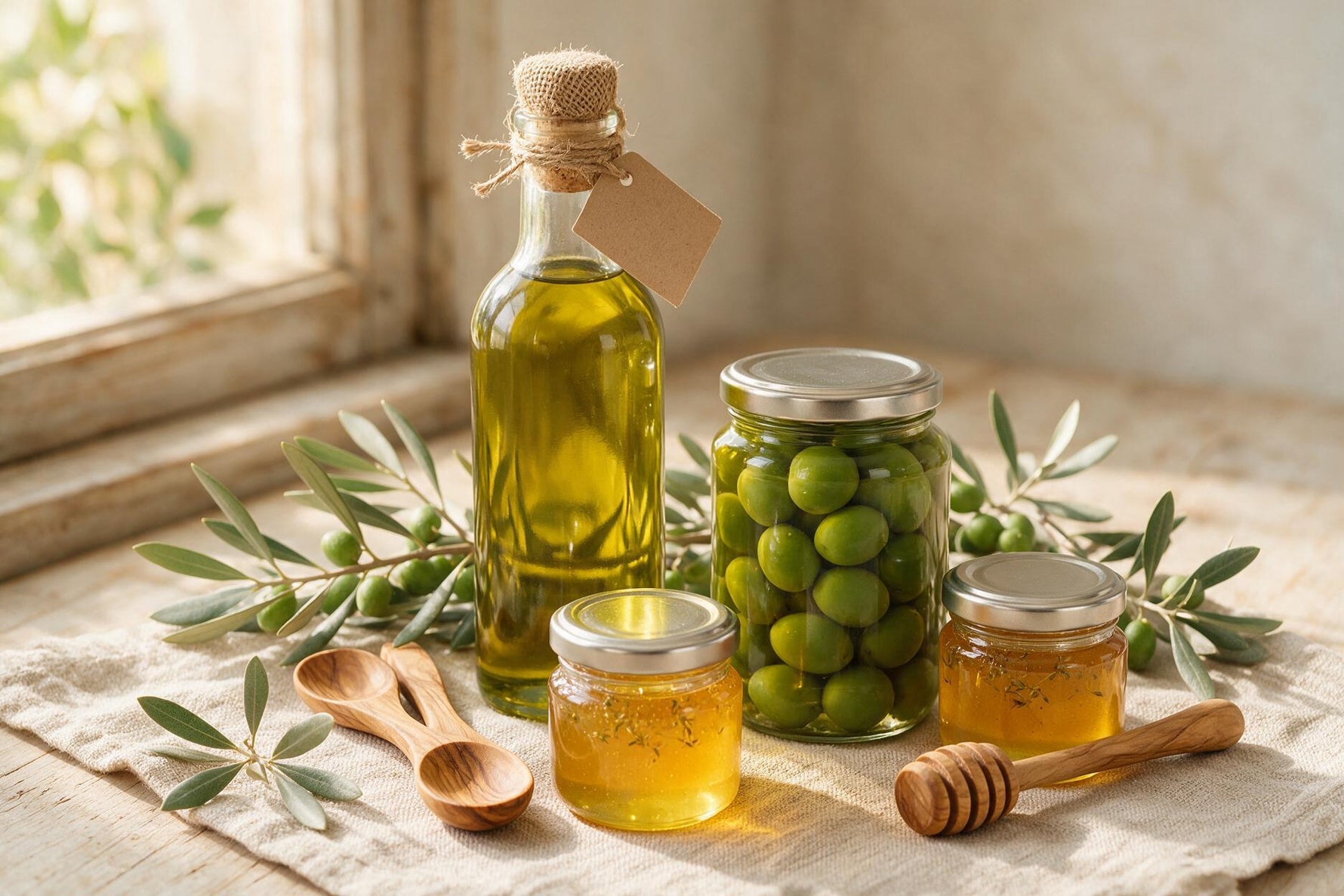 Mediterranean olive oil gift set with olive oil, green olives, thyme honey and olive wood utensils