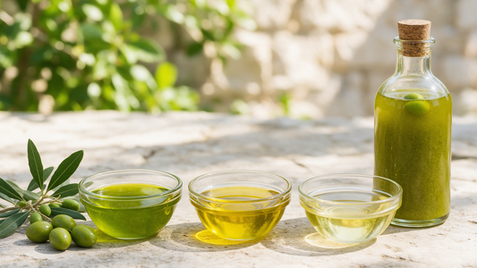 Three bowls of olive oil in different shades beside a bottle of green extra virgin olive oil and fresh olives