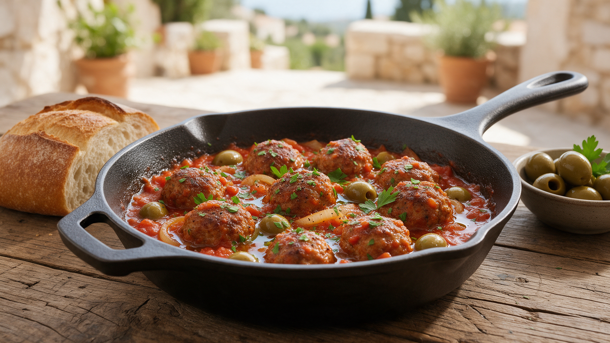 Spanish turkey albóndigas simmering in tomato and green olive sauce in a cast-iron pan with crusty bread