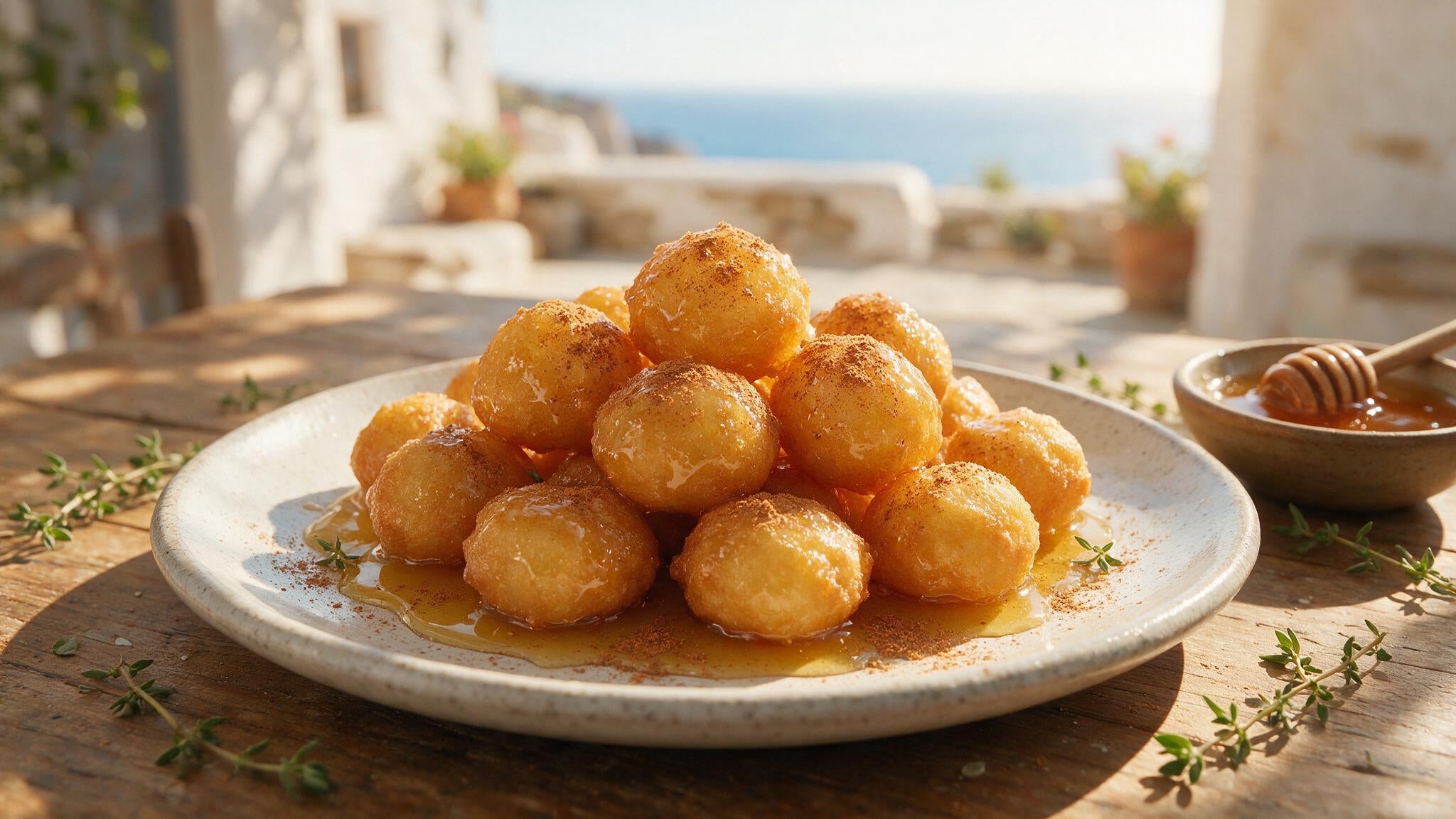 Golden Greek loukoumades drizzled with thyme honey and cinnamon on a rustic plate