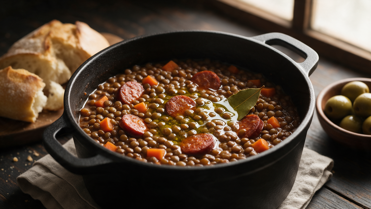 Spanish lentil and chorizo stew in a black cast-iron pot with olive oil, carrots, a bay leaf and a bowl of green olives