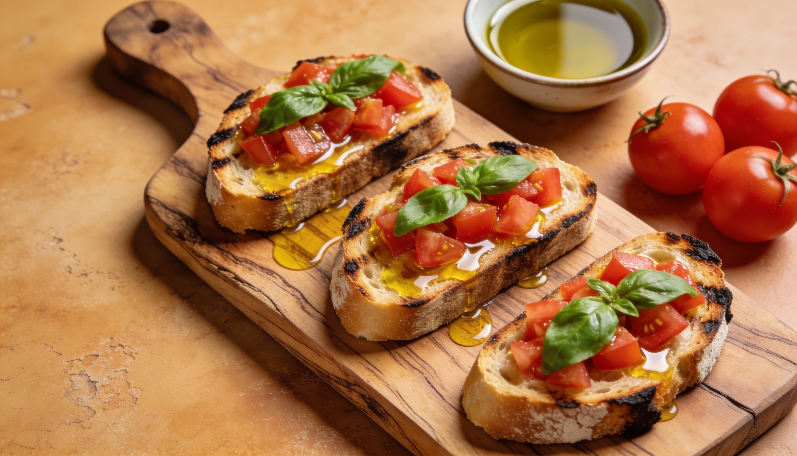 Classic Italian tomato bruschetta on grilled bread drizzled with extra virgin olive oil