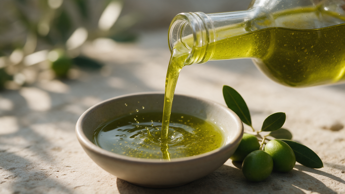 Naturally cloudy, unfiltered green-gold extra virgin olive oil being poured into a bowl beside fresh green olives