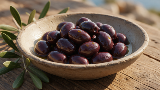 Glossy naturally cured black Kalamata olives in a rustic stoneware bowl with an olive branch