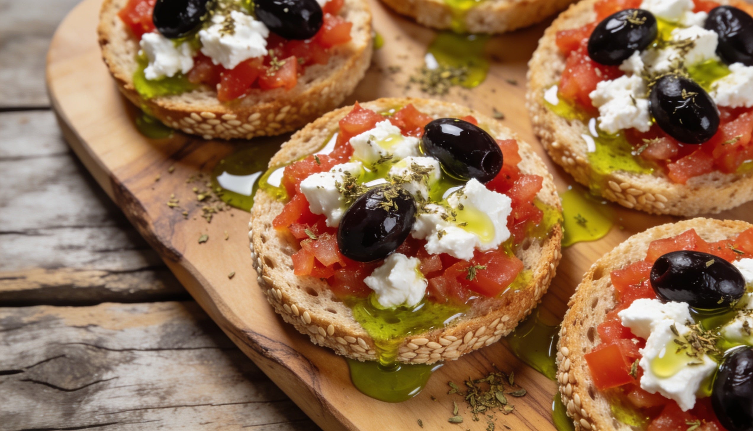 Cretan dakos on an olive wood board: barley rusk with grated tomato, feta, black Kalamata olives and olive oil