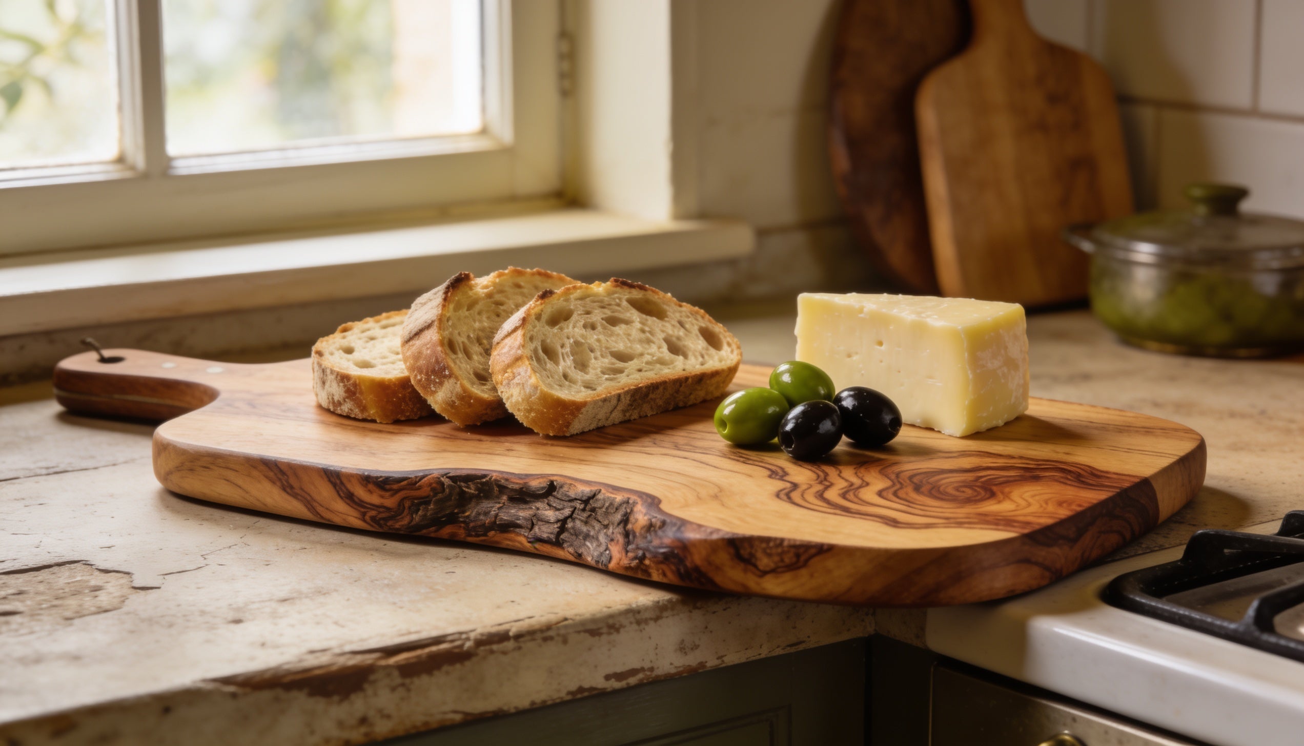 Handcrafted olive wood cutting and serving board with bread, cheese and olives in a Mediterranean kitchen