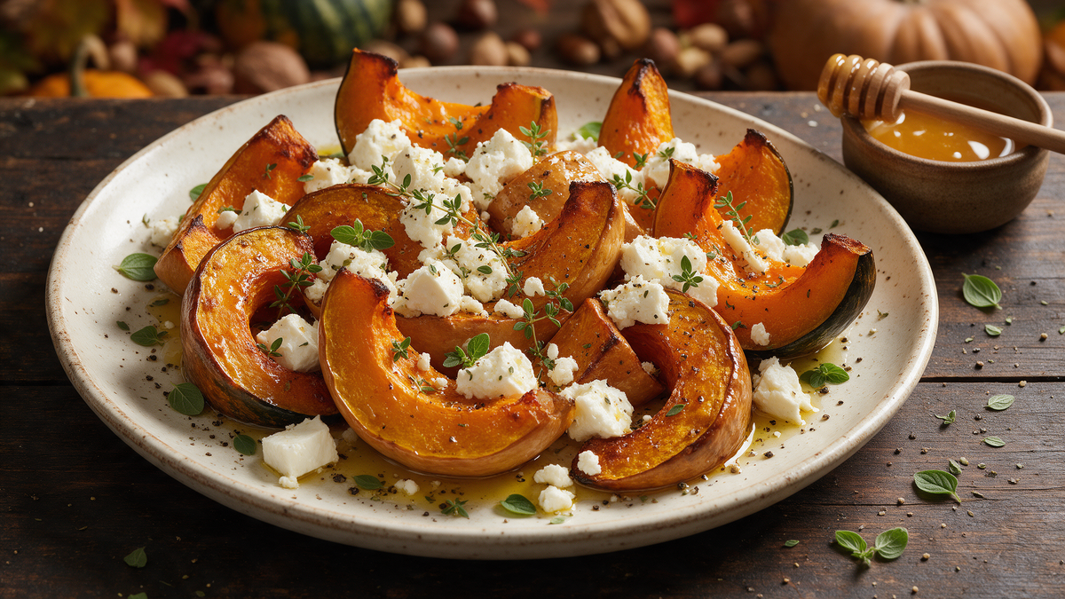 Roasted pumpkin wedges with crumbled feta, thyme and a drizzle of golden thyme honey in a rustic dish