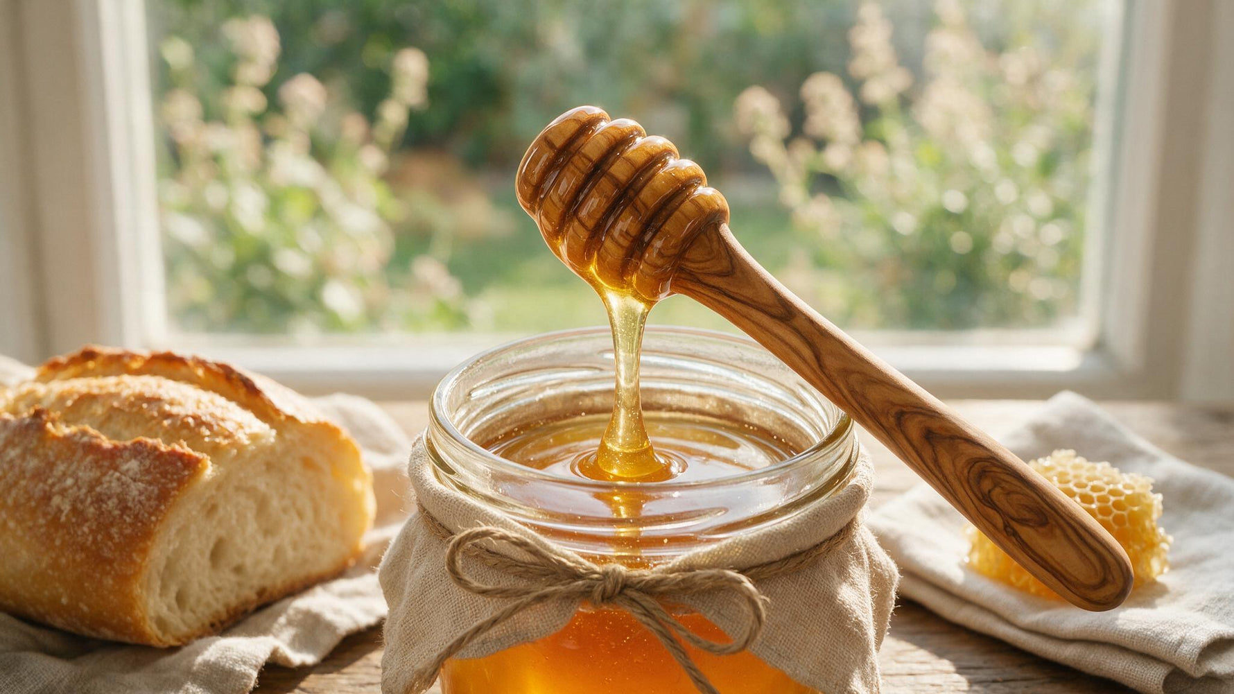 Olive wood honey dipper drizzling golden thyme honey from a jar on a bright breakfast table
