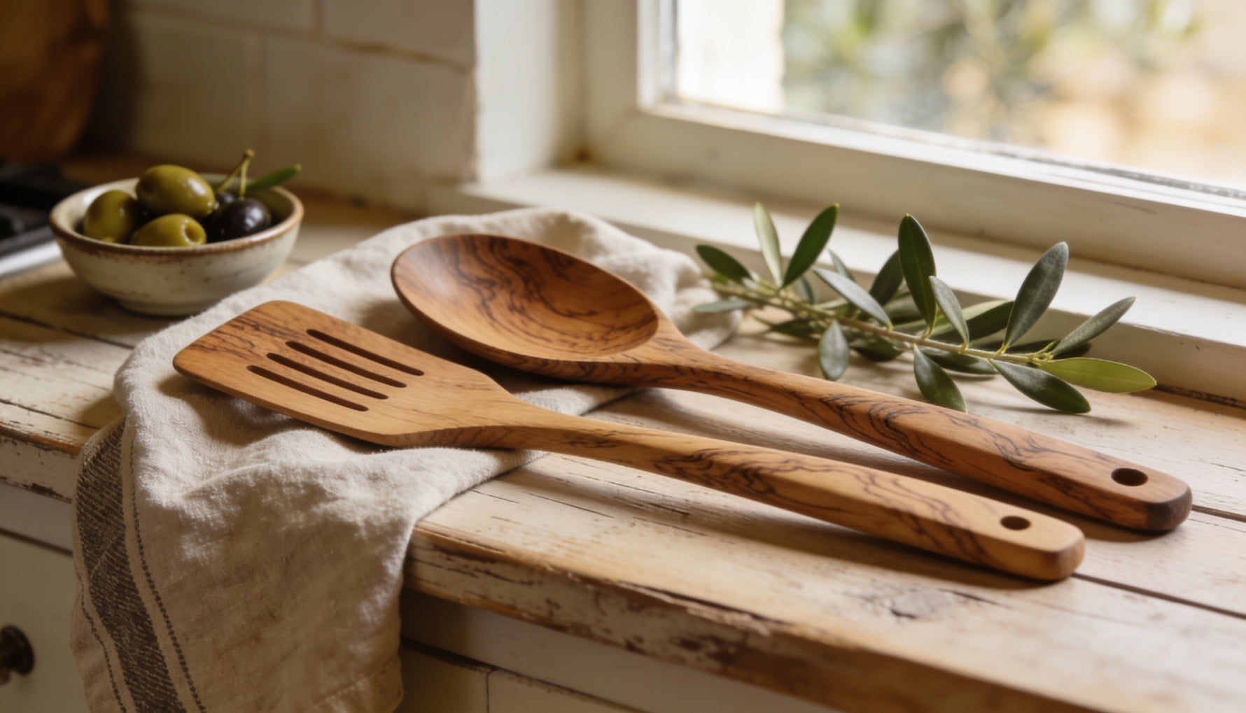 Handmade olive wood kitchen utensils on a rustic wooden countertop