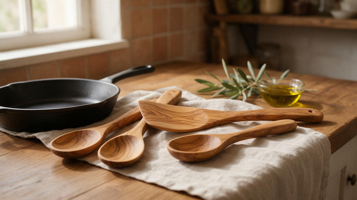 Handcrafted olive wood cooking utensils with natural grain resting on linen beside a pan