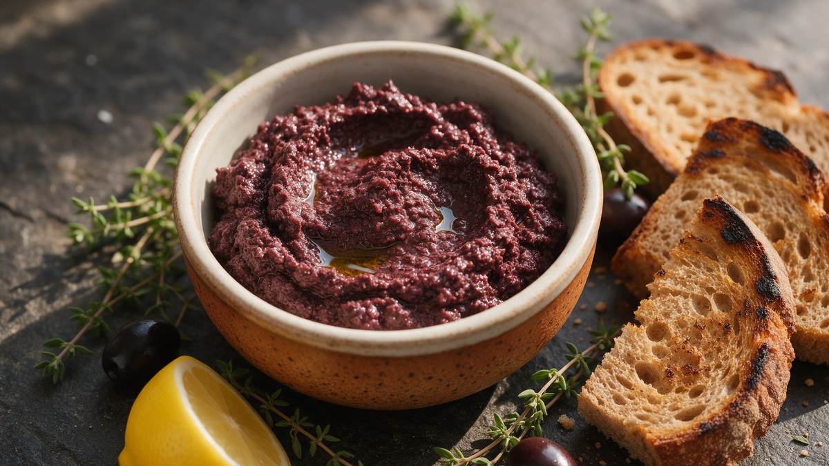 A rustic bowl of black olive tapenade drizzled with olive oil, served with toasted bread