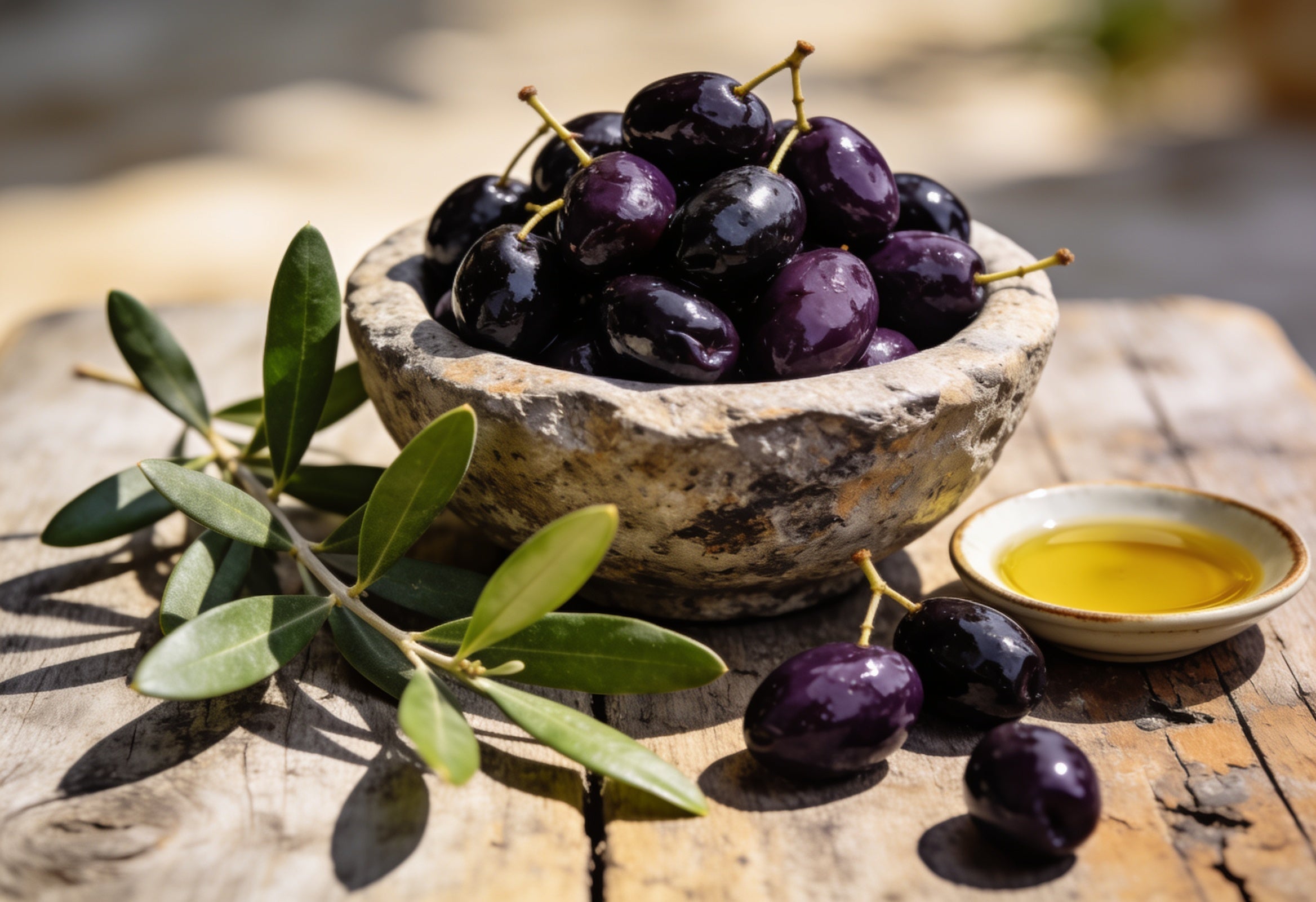 Glossy dark purple-black Kalamata olives in a stone bowl beside an olive branch and a dish of olive oil