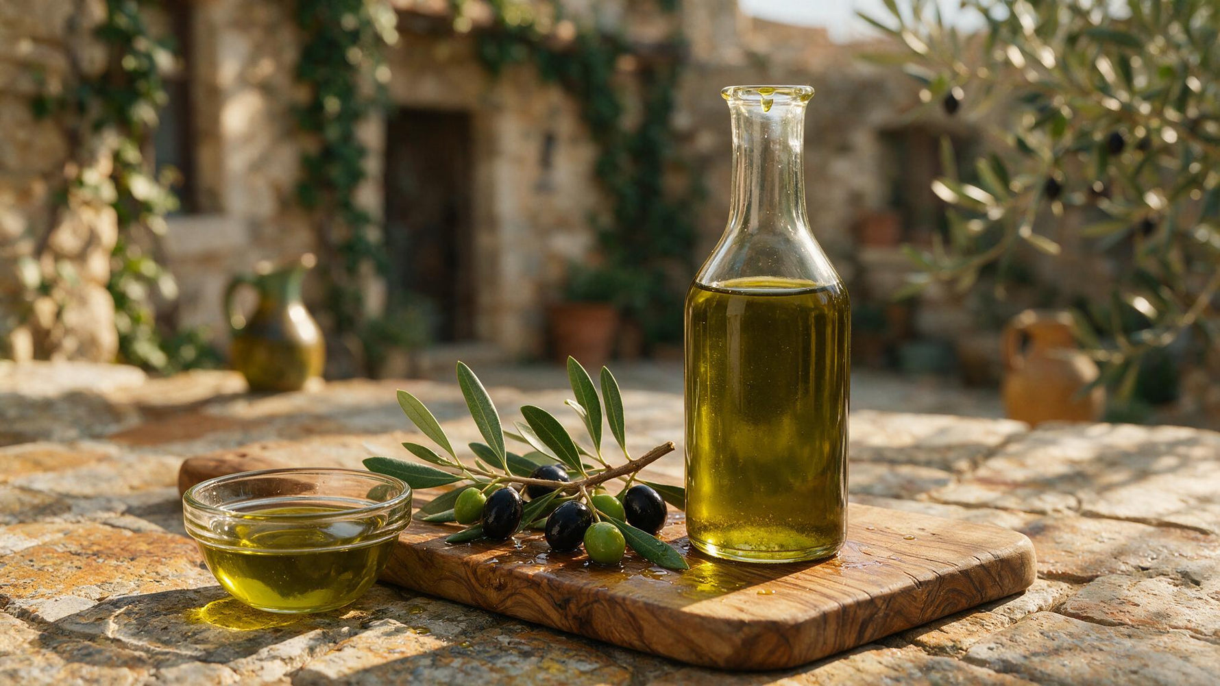 Naturally cloudy unfiltered extra virgin olive oil in a glass bowl beside an olive branch