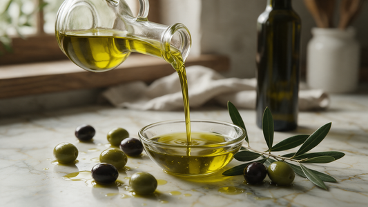 Naturally cloudy green-gold Greek extra virgin olive oil being poured into a glass bowl beside fresh olives