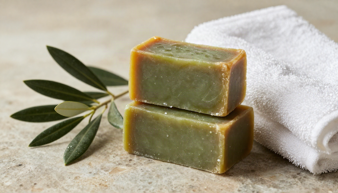 Traditional handmade Aleppo soap bars with olive-green faces and golden-brown edges, beside olive branches and laurel leaves