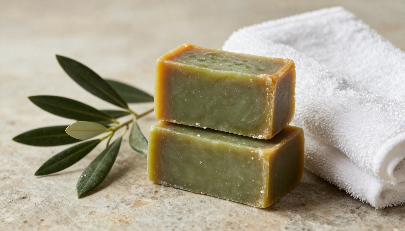 Traditional handmade Aleppo soap bars with olive-green faces and golden-brown edges, beside olive branches and laurel leaves