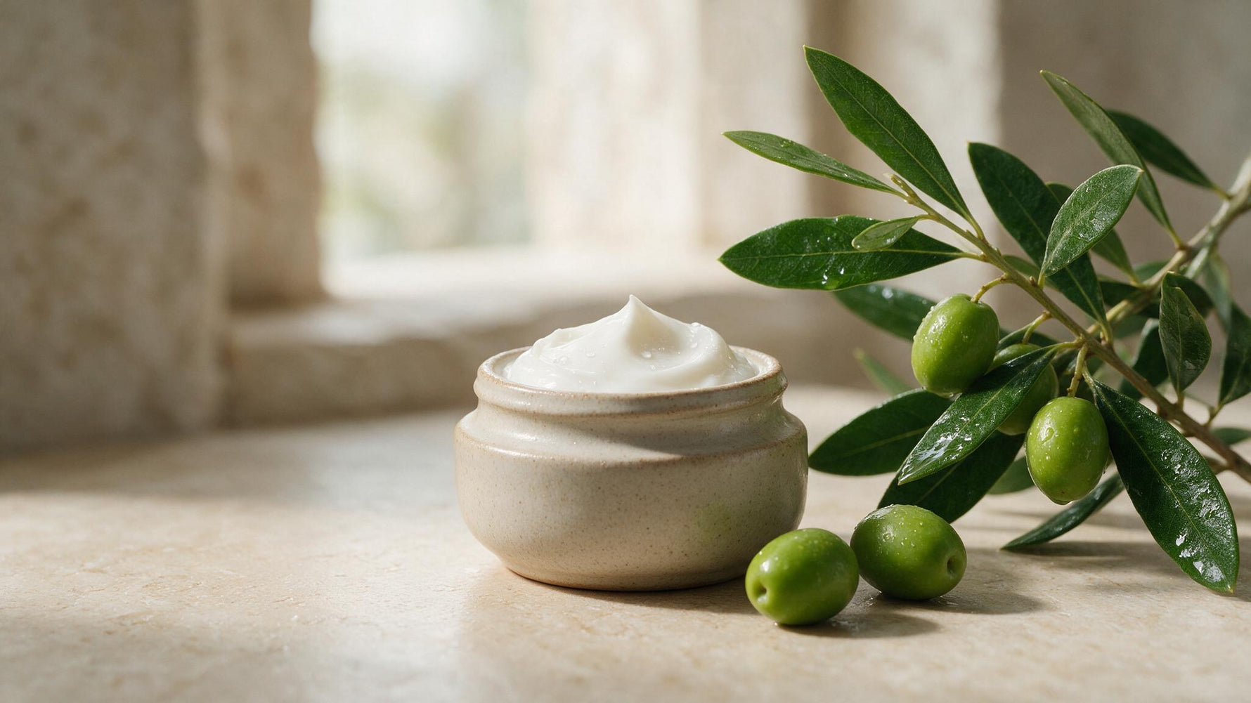 A jar of soft white olive leaf face cream beside fresh green olive branches on a neutral stone surface