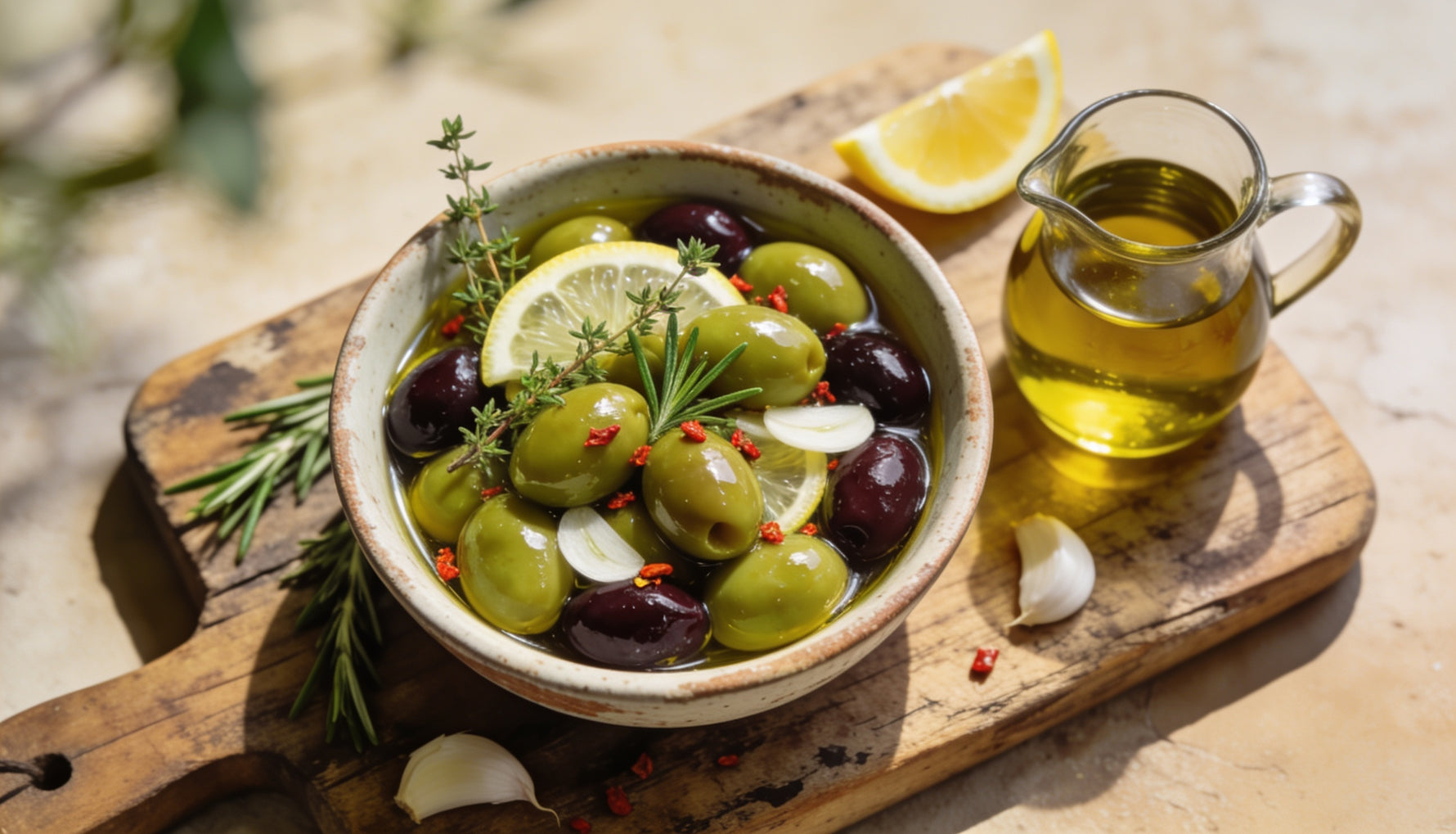 Bowl of marinated green and Kalamata olives with herbs, lemon and olive oil on an olive-wood board