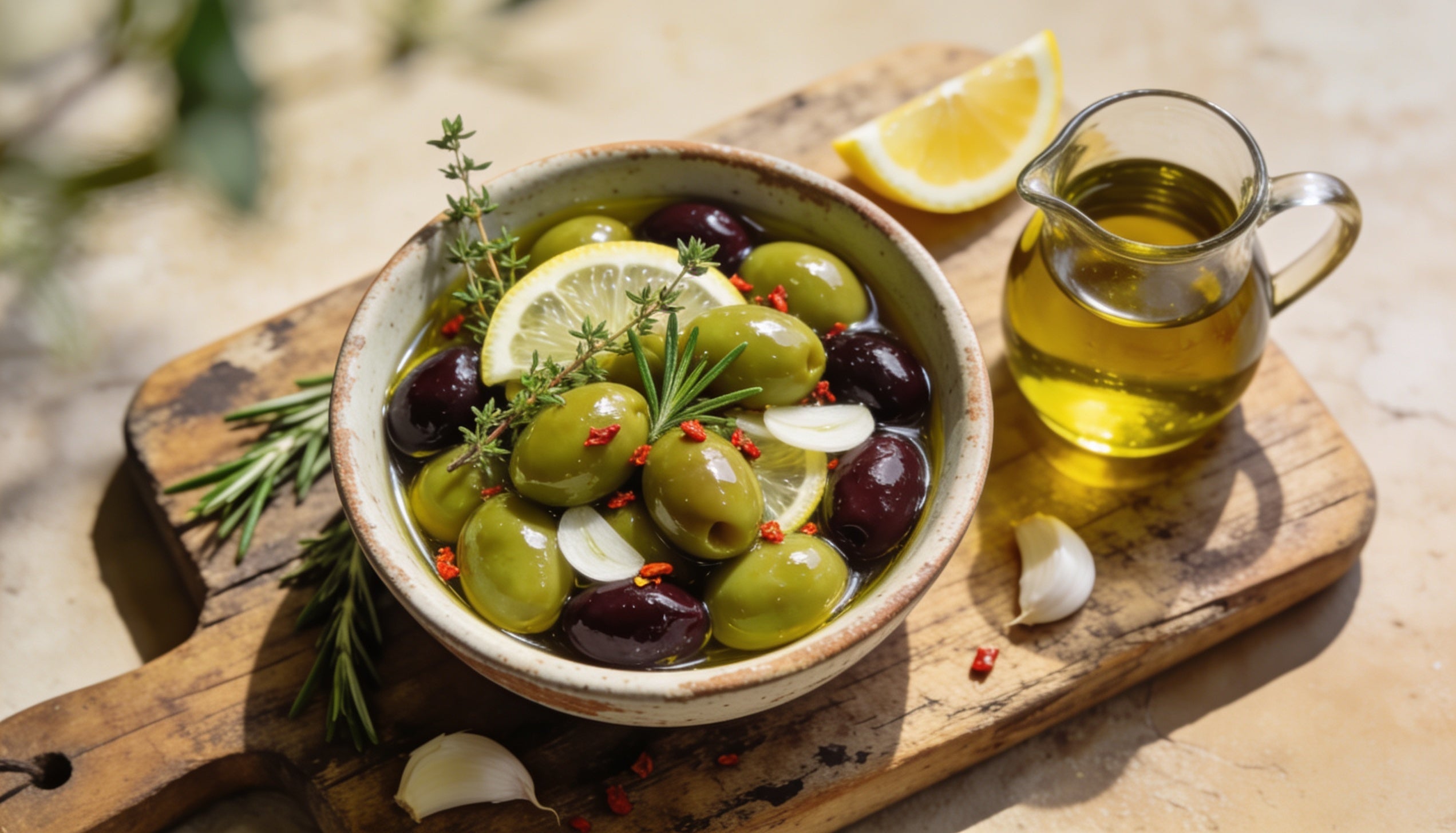 Bowl of marinated green and Kalamata olives with herbs, lemon and olive oil on an olive-wood board